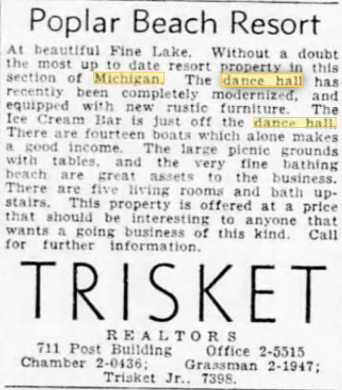 Poplar Beach at Fine Lake - July 1947 Ad